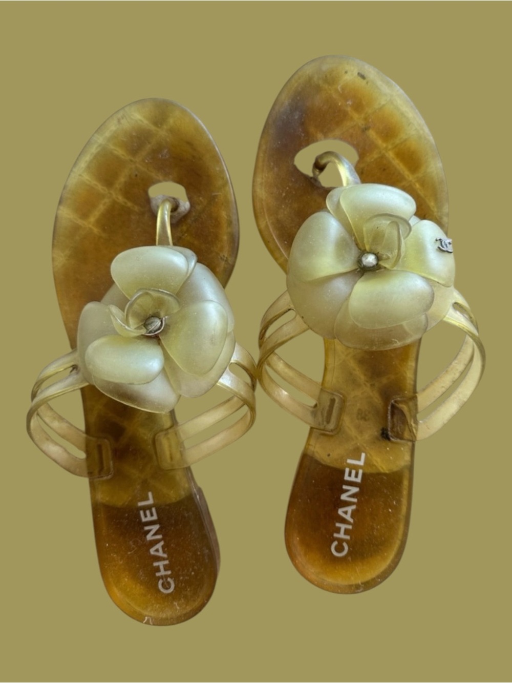 CHANEL Yellow Jelly Camellia Toe-Post Sandals